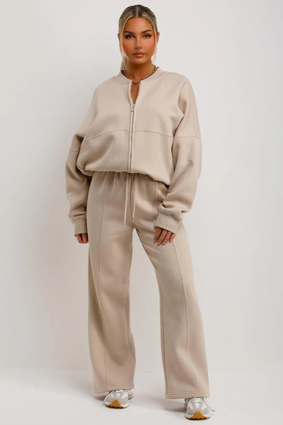 Relaxed Fit Zip-Up Sweatshirt and Jogger Set - Oatmeal