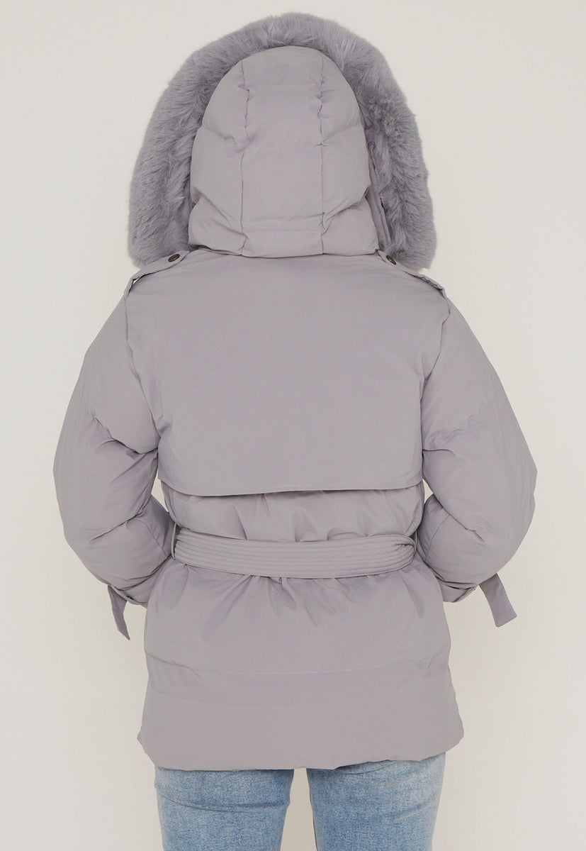 Grey belted puffer coat hotsell