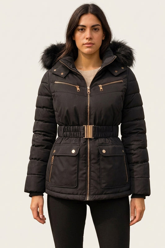A woman modeling a black puffer jacket with a fur-trimmed hood, gold-tone zipper details, and a matching drawstring belt with a gold buckle, set against a plain light gray background.