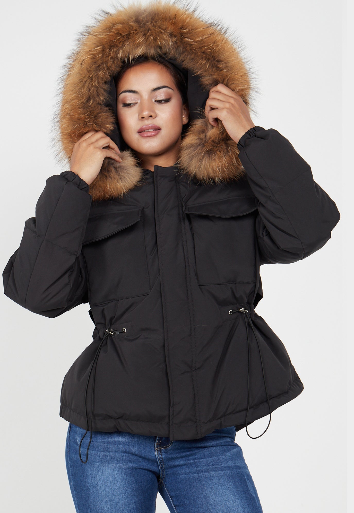 TIE UP WAIST NATURAL FUR HOODED JACKET - BLACK-76