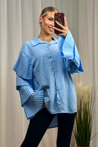 Pale Blue Pleated Ruffle Sleeve Oversized Shirt