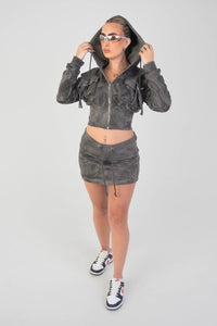 Cropped Zip Hoodie and Skirt Set - Charcoal 