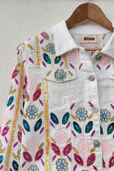 White Embroidered Sequin Floral Denim Jacket