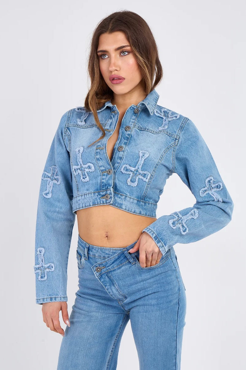 ミストレアス　Deformation Cropped Denim Jacket Distressed Cross Patch Cropped Denim Jacket – Miss Guilty