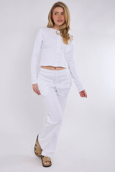 Ribbed Co-Ord Lounge Set – Buttoned Crop Top & Drawstring Trousers