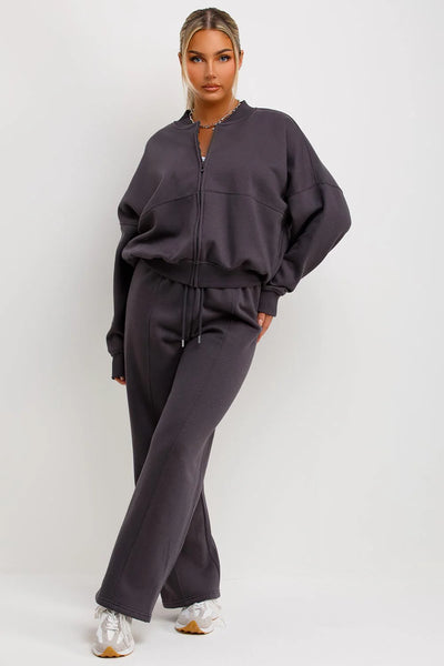 Relaxed Fit Zip-Up Sweatshirt and Jogger Set - Charcoal