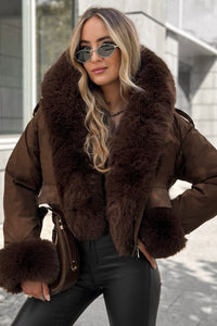 Harper Faux Fur Trim Bomber Jacket - Brown