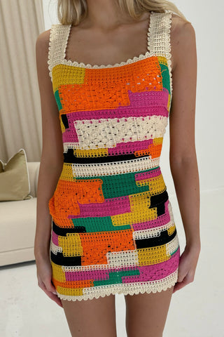Crochet Colour Patchwork Print Mini Dress