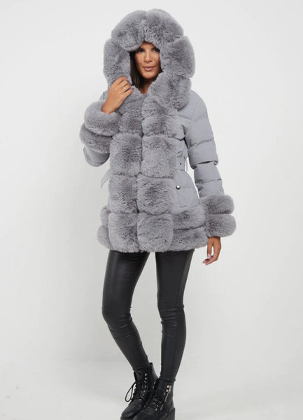 TRIM FAUX FUR BELTED PADDED COAT - GREY