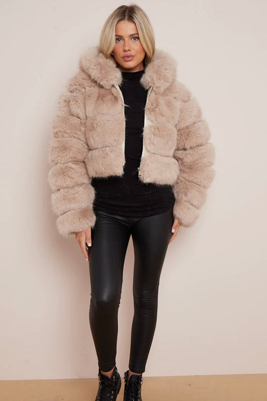 WOMEN'S BEIGE CROPPED FAUX-FUR HOODED JACKET