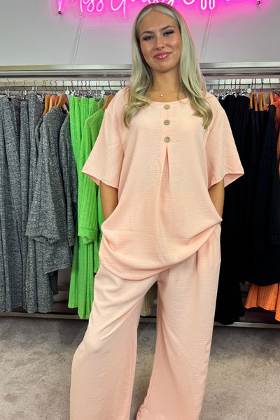 Oversized Crew Neck Button Front Wide Leg Trousers Two Piece Set - Peach