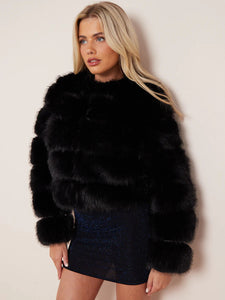 CROPPED PREMIUM FAUX FUR  COAT - BLACK
