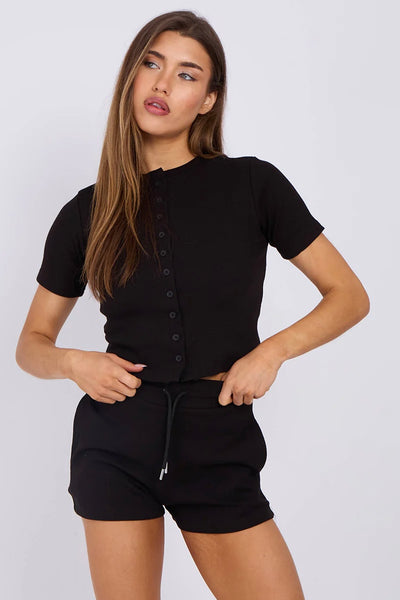 Ribbed Button-Up Crop Top & Shorts Lounge Set