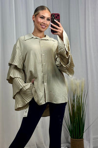 Beige Pleated Ruffle Sleeve Oversized Shirt
