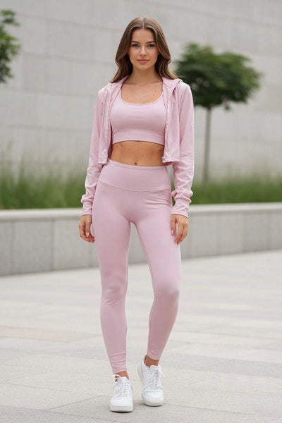 3-Piece Pink Seamless Yoga Set - Sports Bra, Leggings & Zip Jacket