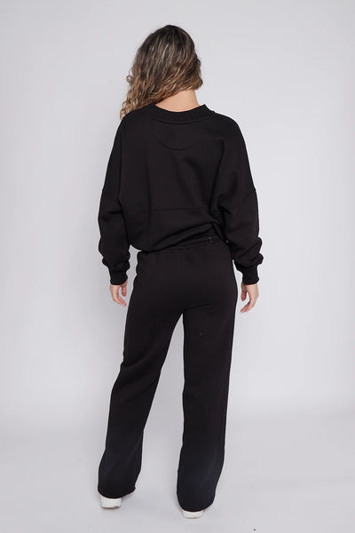 Zip-Up Sweatshirt & Wide-Leg Jogger Co-Ord Lounge Set - Black