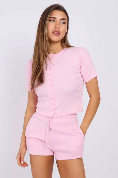 Ribbed Button-Up Crop Top & Shorts Lounge Set