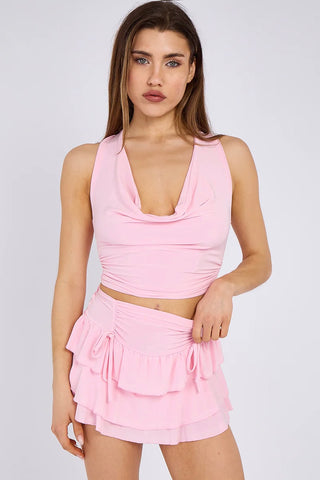 Pale Pink Ruffle Halter Crop Top & Shorts Co-ord Set
