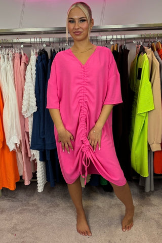 Front Drawstring Ruched V- Neck Midi Dress - Pink