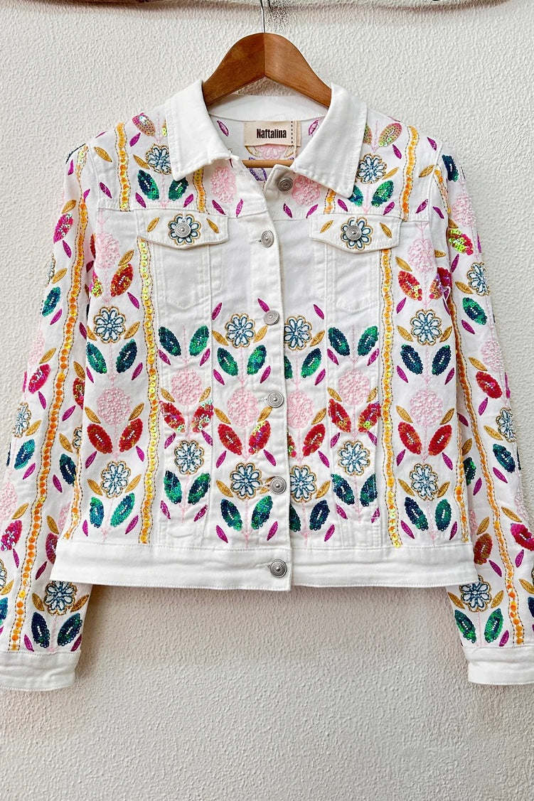 White Embroidered Sequin Floral Denim Jacket