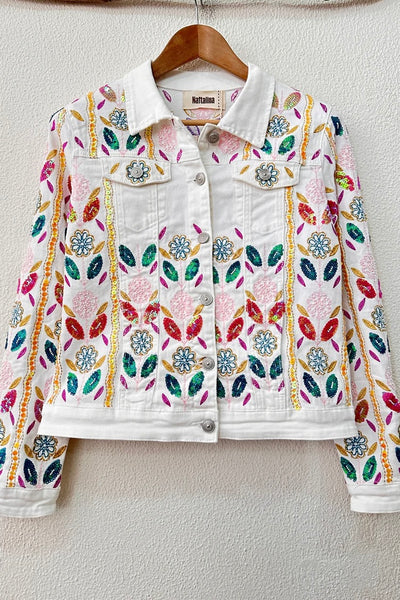 White Embroidered Sequin Floral Denim Jacket