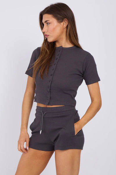 Ribbed Button-Up Crop Top & Shorts Lounge Set