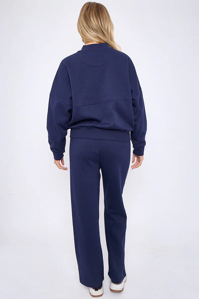 Zip-Up Sweatshirt & Wide-Leg Jogger Co-Ord Lounge Set - Navy