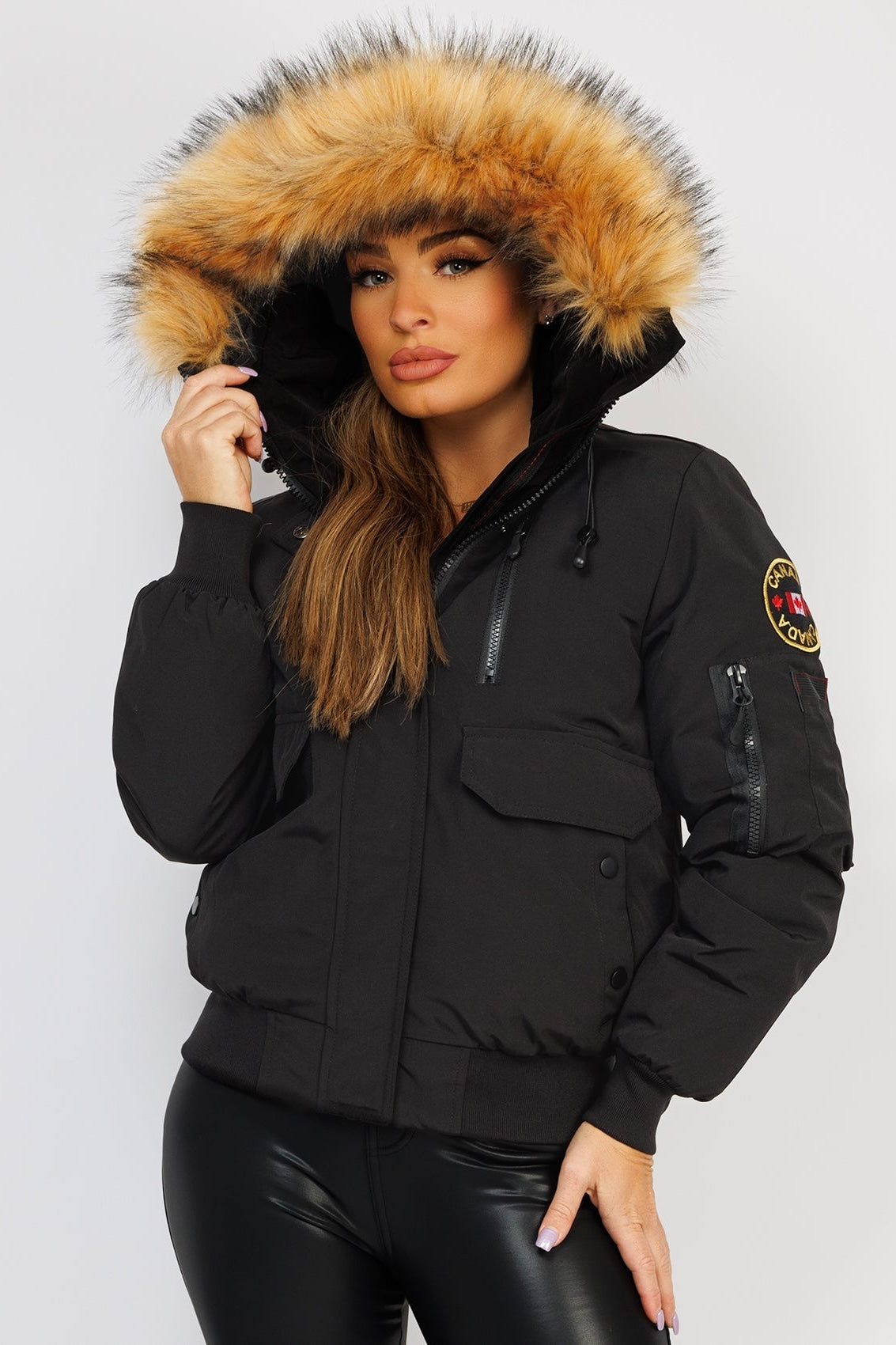 Fur Trim Faux Fur Bomber Jacket With Hood TRIM FAUX FUR CANADA