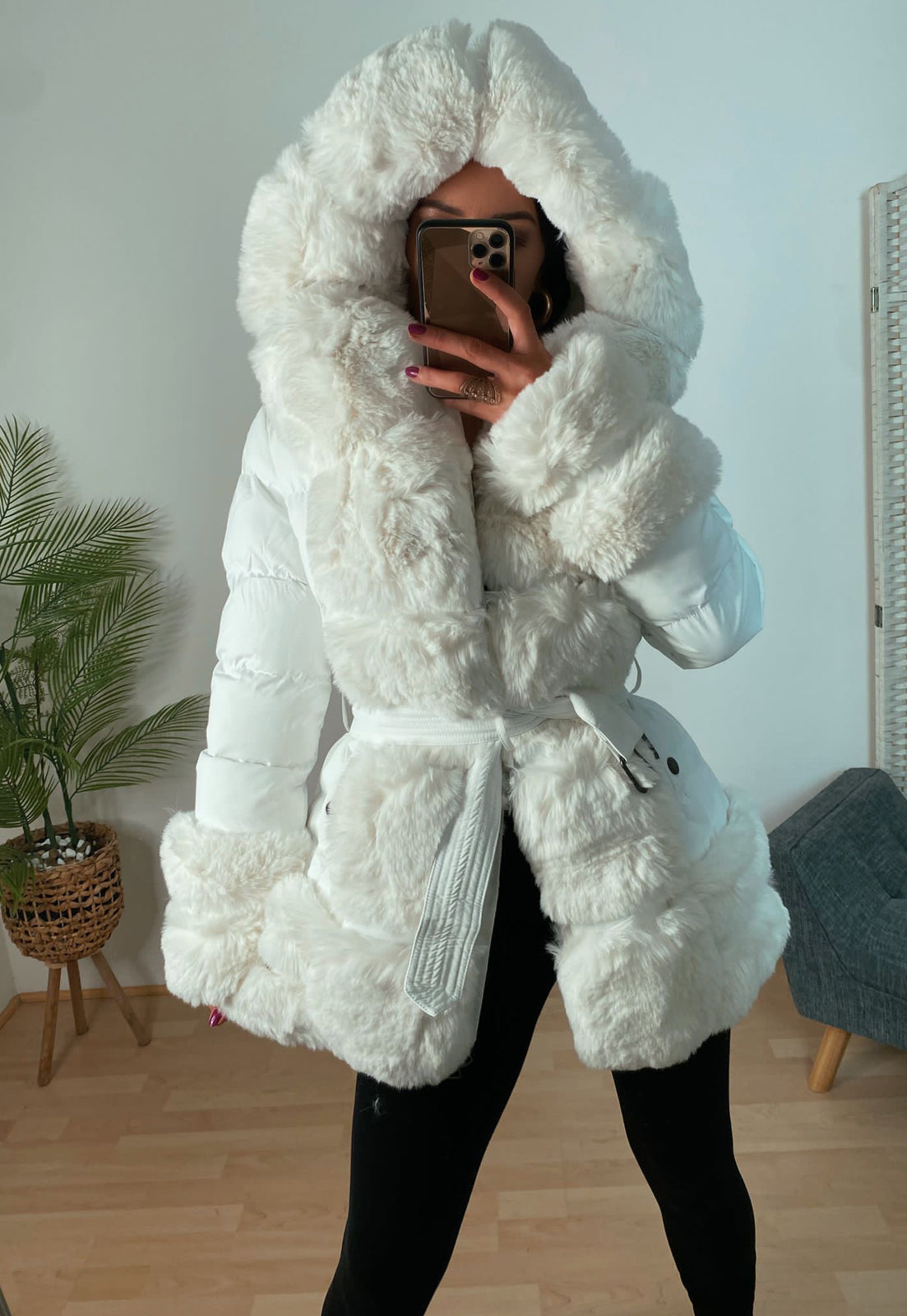 TRIM FAUX FUR BELTED PADDED COAT - WHITE