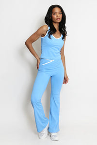 Blue Contrast Trim Crossover Waist Co-Ord Set – Tank Top & Flared Trousers