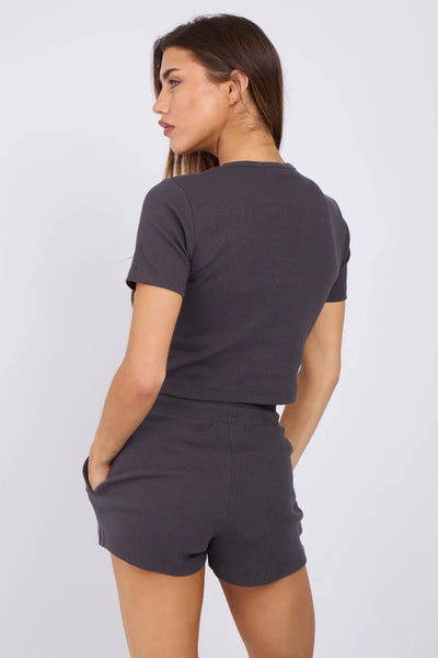 Ribbed Button-Up Crop Top & Shorts Lounge Set