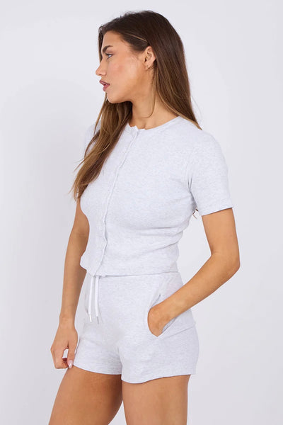 Ribbed Button-Up Crop Top & Shorts Lounge Set