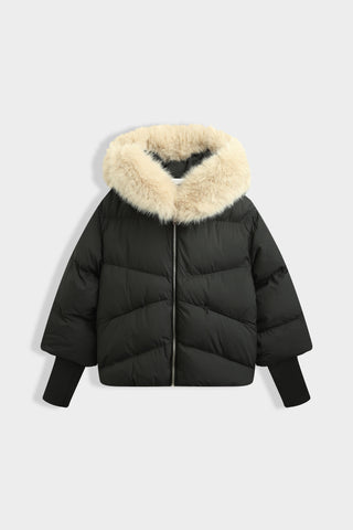 Winter Luxe Puffer Coat with Full Length Faux Fur Trim - Black/Beige 