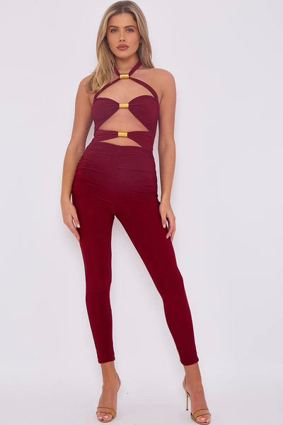 Burgundy Cut-Out Halter Jumpsuit with Gold Hardware
