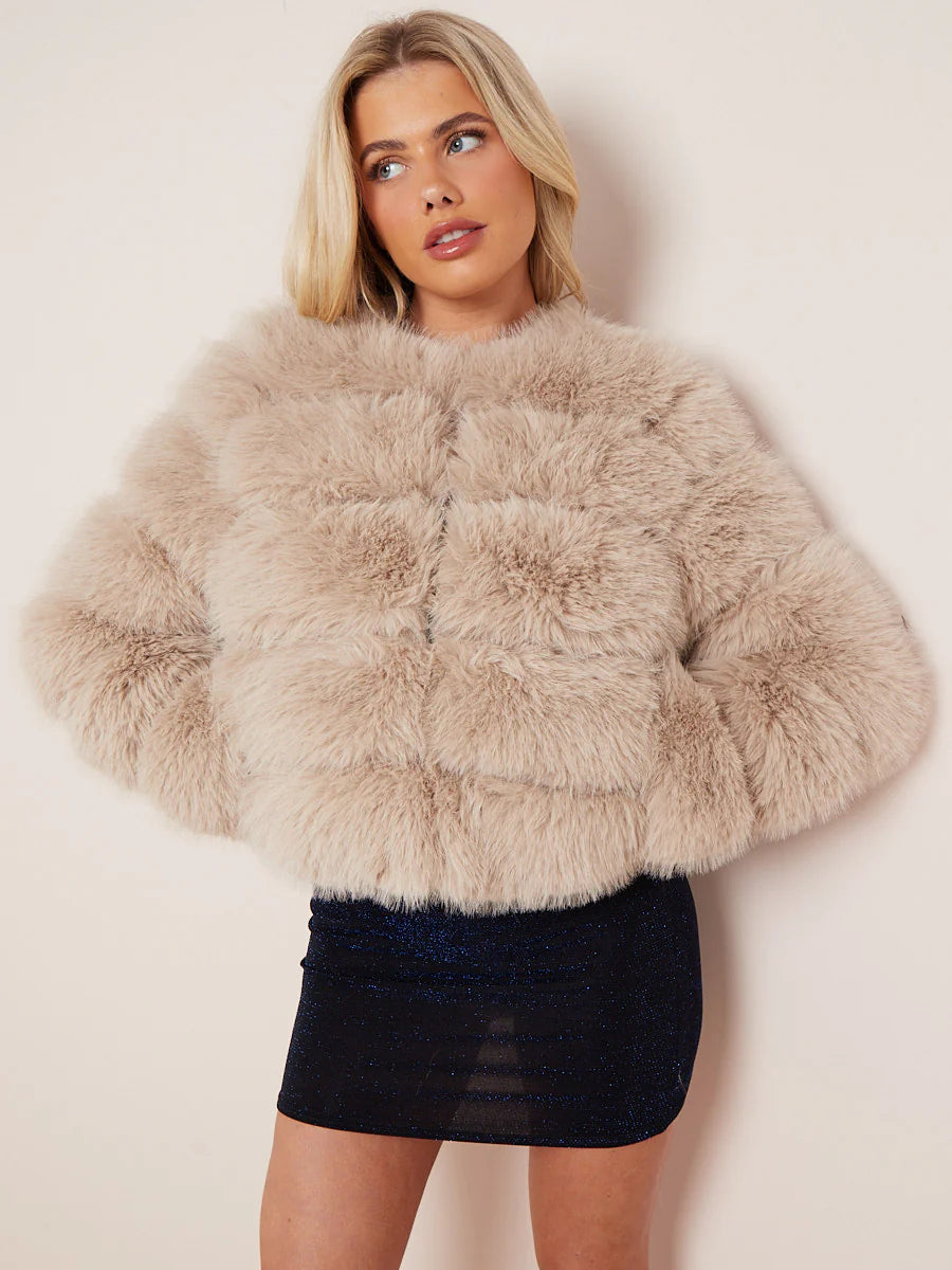 CROPPED PREMIUM FAUX FUR  COAT - BEIGE
