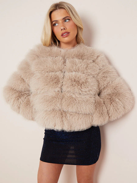 CROPPED PREMIUM FAUX FUR  COAT - BEIGE