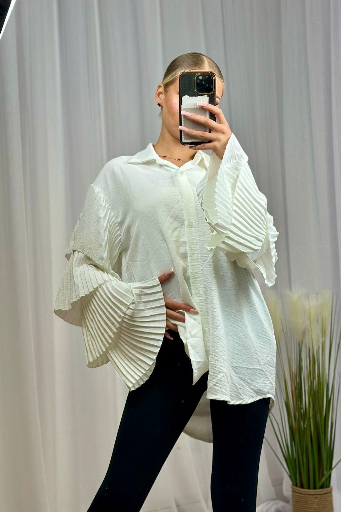Cream Pleated Ruffle Sleeve Oversized Shirt
