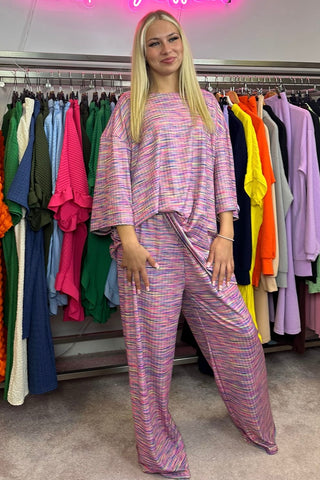 Multicoloured Stripes Oversized Loungewear Set - Pink