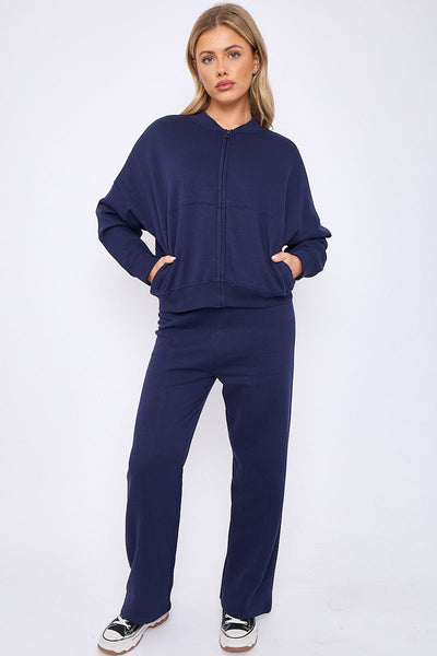 Zip-Up Sweatshirt & Wide-Leg Jogger Co-Ord Lounge Set - Navy