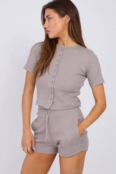 Ribbed Button-Up Crop Top & Shorts Lounge Set