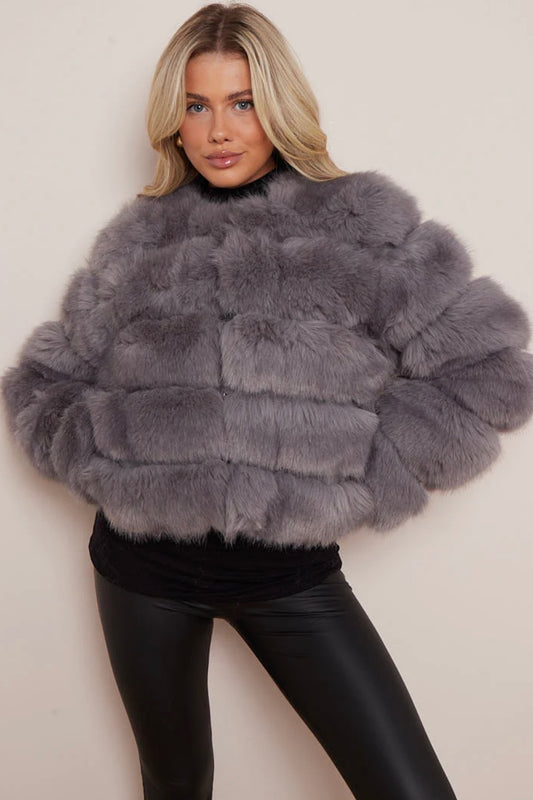 WOMEN'S GREY CROPPED FAUX-FUR BUBBLE JACKET