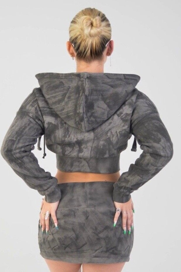 Cropped Zip Hoodie and Skirt Set - Charcoal 