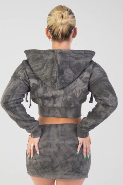 Cropped Zip Hoodie and Skirt Set - Charcoal 
