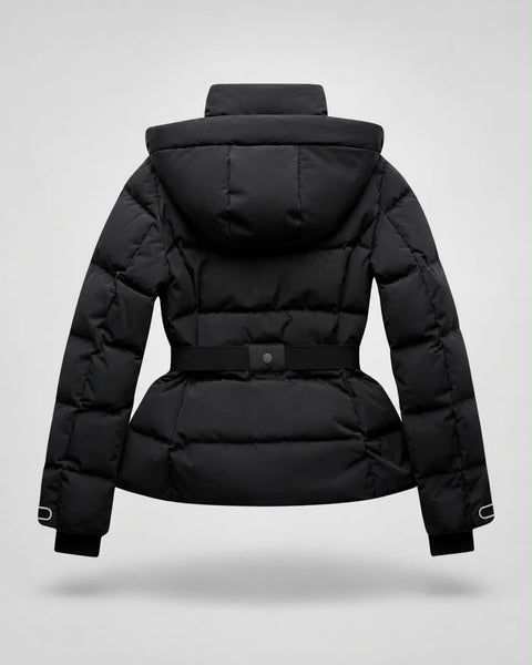 Black puffer jacket shown from the back, featuring a hood, quilted padding, a defined waist belt with a central snap button, and ribbed cuffs, photographed on a light gray studio background.