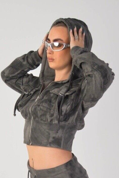 Cropped Zip Hoodie and Skirt Set - Charcoal 
