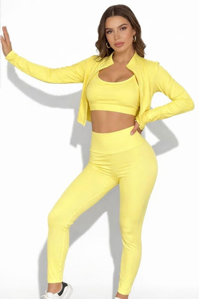 3-Piece Yellow Seamless Yoga Set - Sports Bra, Leggings & Zip Jacket