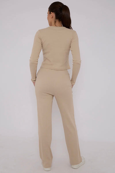 Ribbed Co-Ord Lounge Set – Buttoned Crop Top & Drawstring Trousers