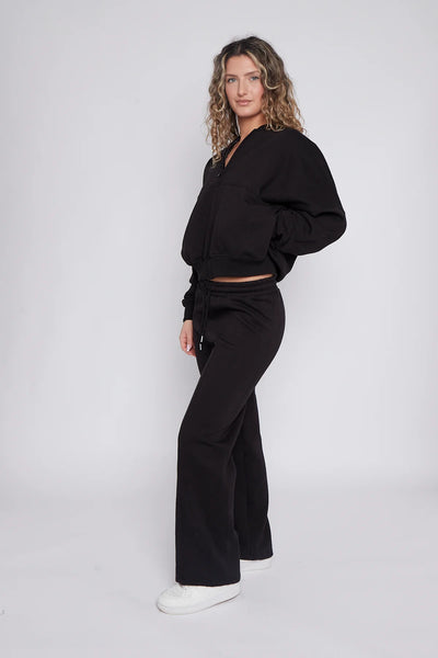 Zip-Up Sweatshirt & Wide-Leg Jogger Co-Ord Lounge Set - Black