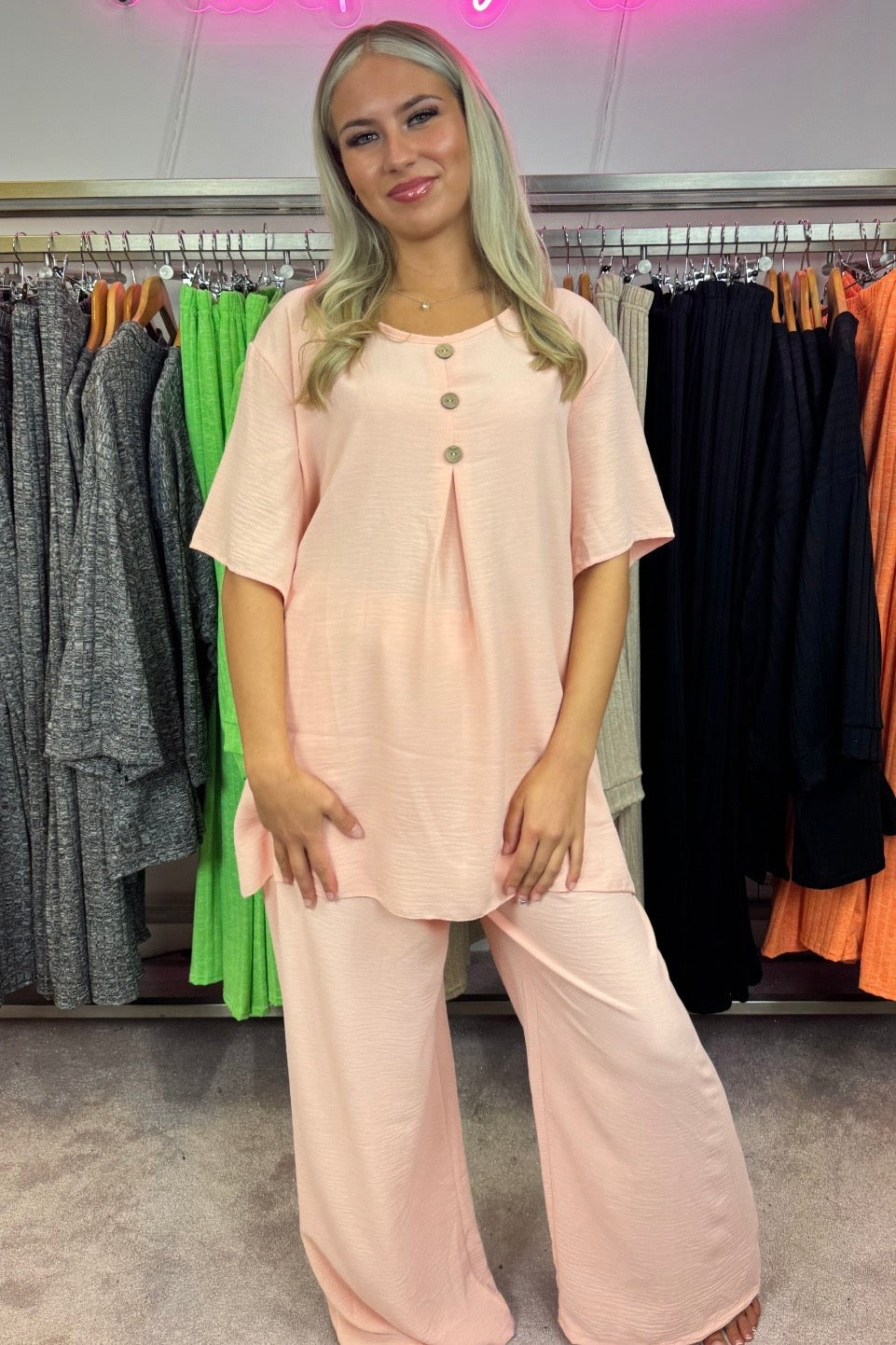 Oversized Crew Neck Button Front Wide Leg Trousers Two Piece Set - Peach