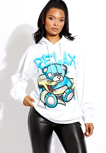 RELAX SNAKE GRAPHIC PRINT FLEECE HOODIE in white